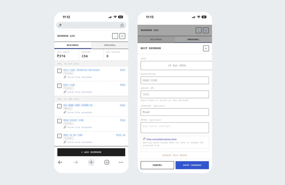 Expenselog on a phone: a list of business expenses and the edit expense form
