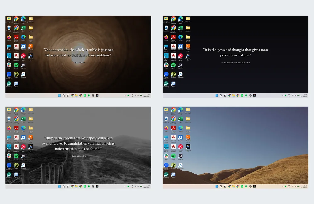 Four desktop wallpapers, each with a different quote over it