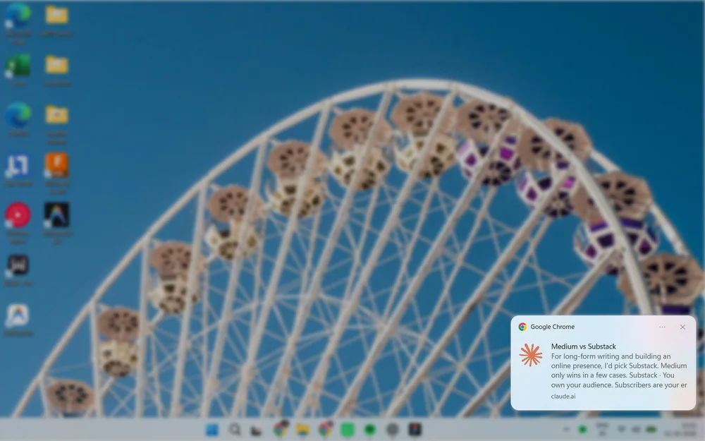 A Windows desktop with a Chrome notification saying an AI has finished responding